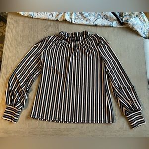 Long sleeve stretchy high neck striped black and dusty rose pink blouse